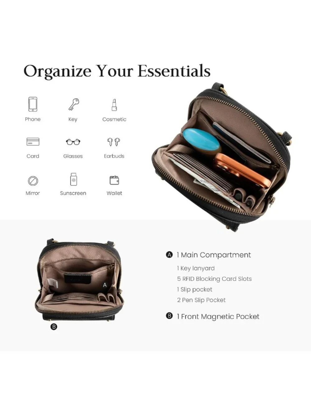 Small Genuine Leather Crossbody Bag for Women | RFID Phone Purse with Card Slots
